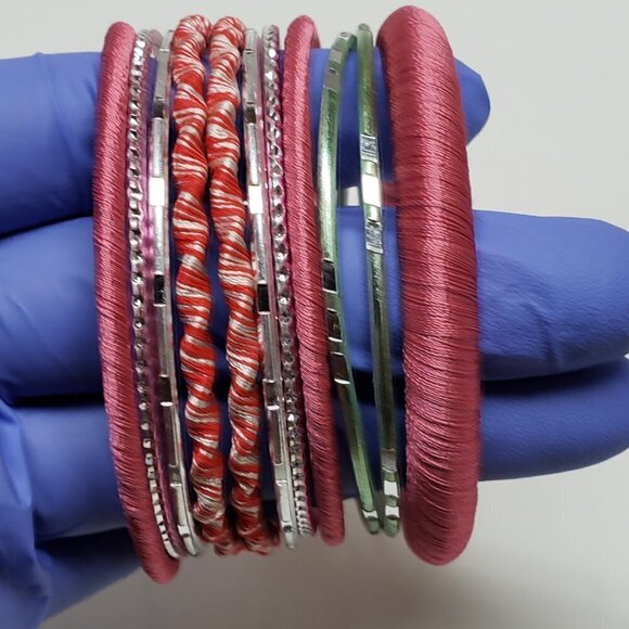 Women's Stunning Set of 11 Dainty Silver tone Colorful Bangle Bracelets, size 8" - Picture 2 of 9